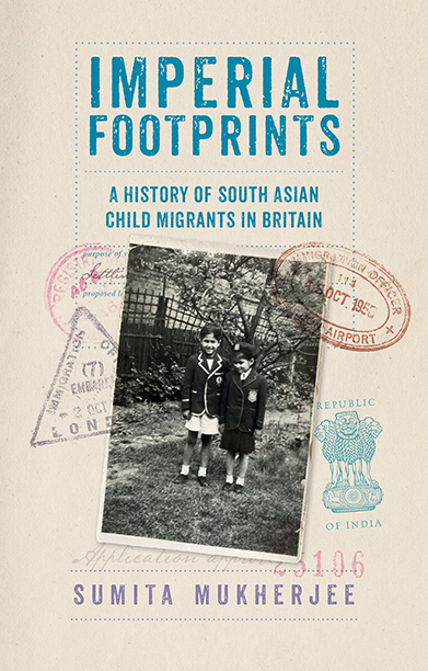 Cover for Imperial Footprints showing a historic black and white photo of South Asian siblings in a British school uniform with passport stamps around it.