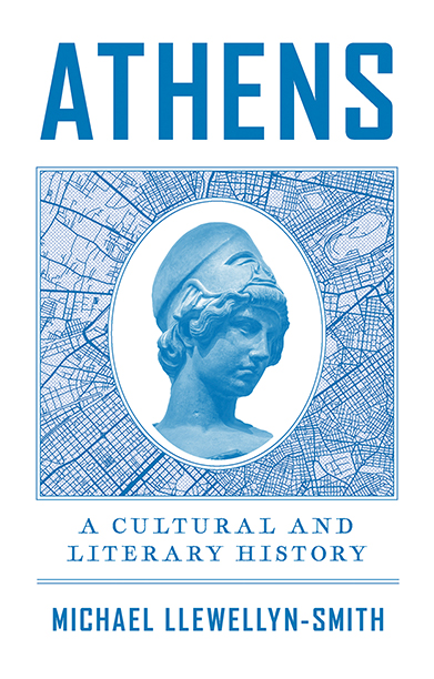 Book cover showing a statue of Athena with a map of Athens radiating out from her in bright Greek blue.