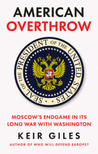 Book cover 'American Overthrow' showing the US Presidential Seal with the Russian coat of arms inside.